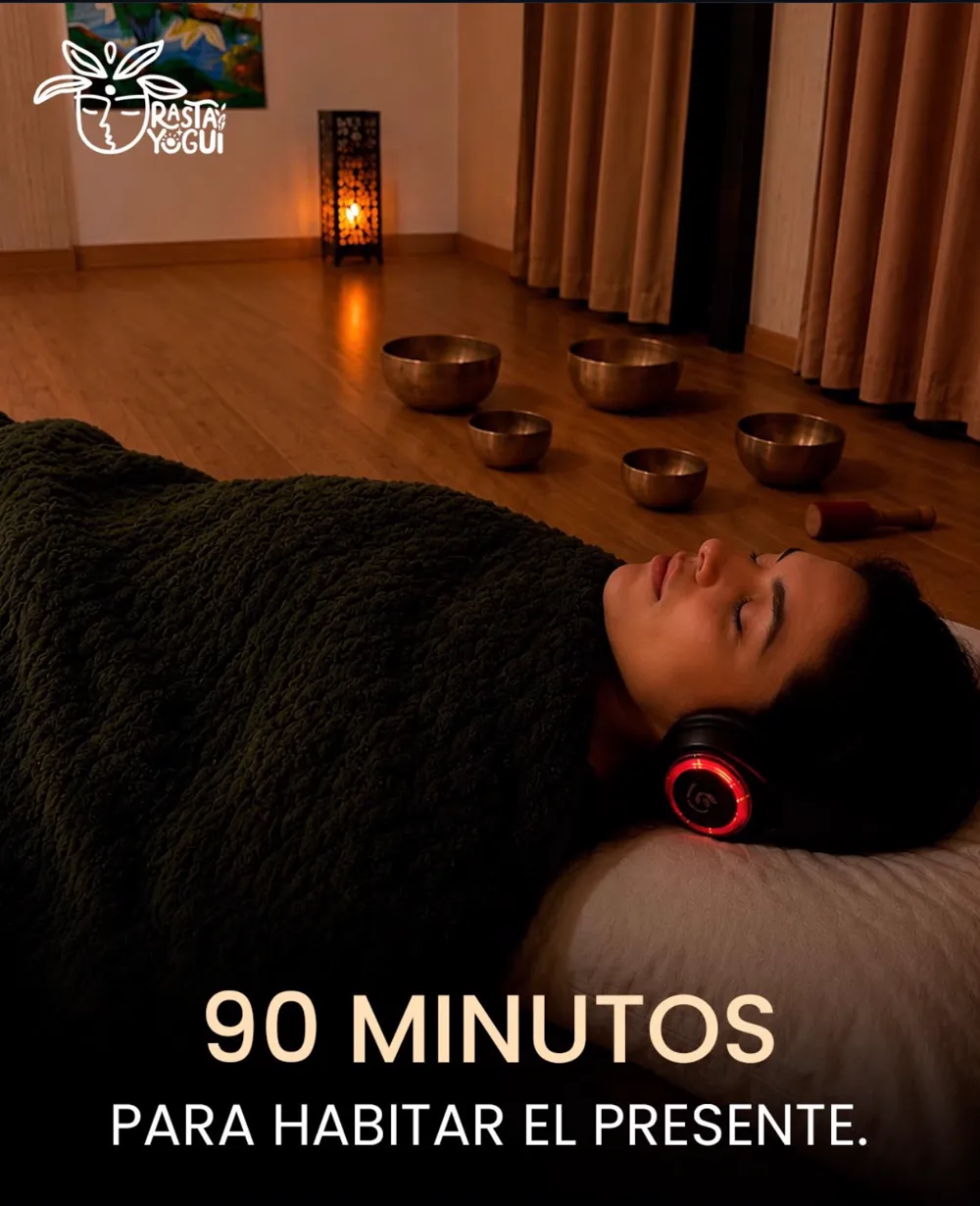 Una mujer recostada con audífonos y cuencos tibetanos alrededor. Texto: 90 minutos para habitar el presente.