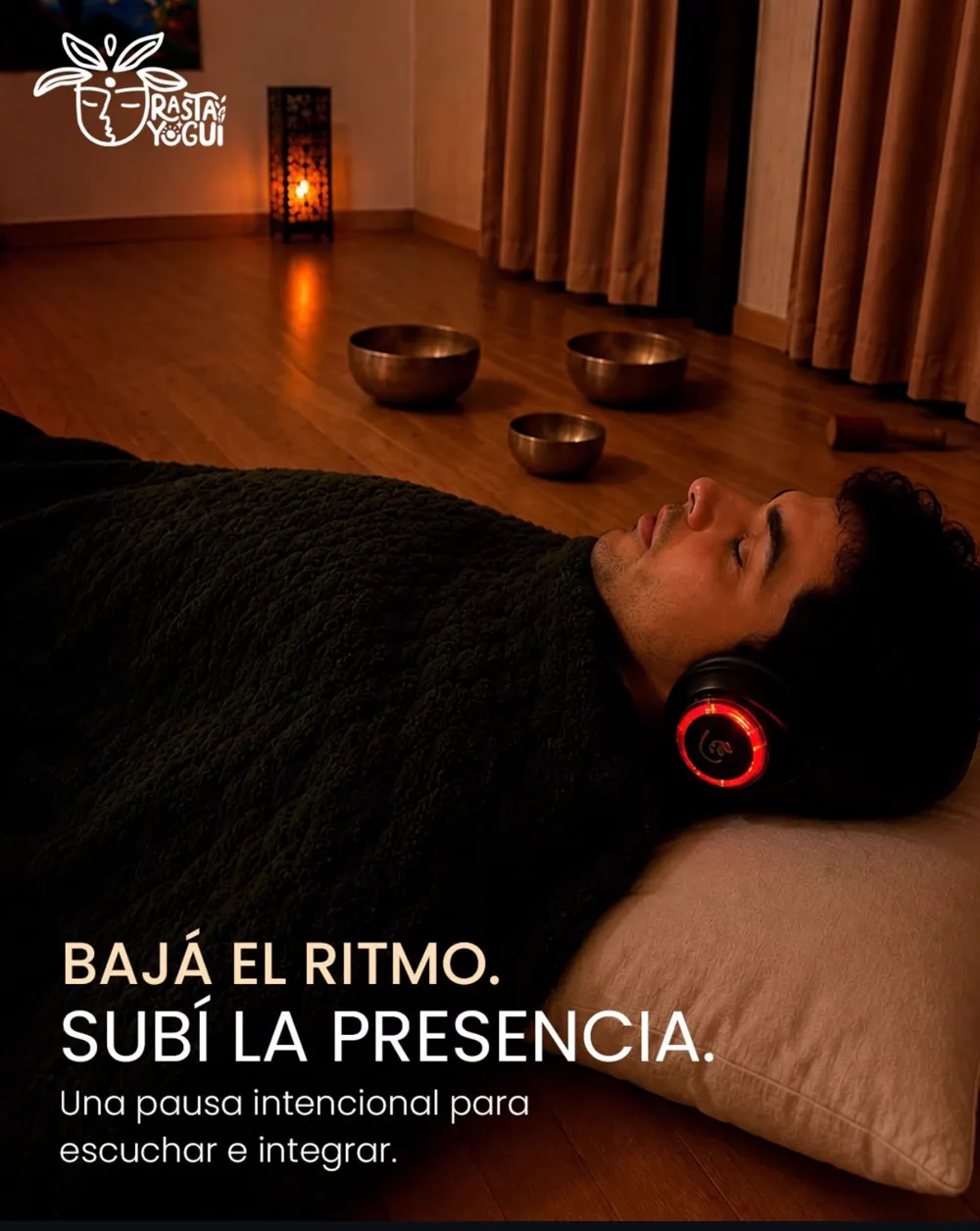 Un hombre recostado con audífonos en la sala en penumbra. Texto: bajá el ritmo, subí la presencia.